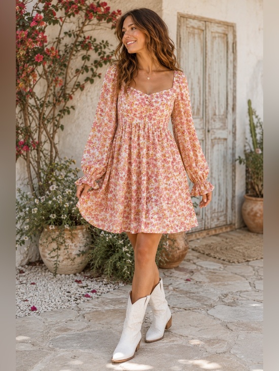 coco + jaimeson Dresses & Skirts - Coco + Jaimeson Pink Floral Bell Sleeve Smocked Mini Dress Size Large